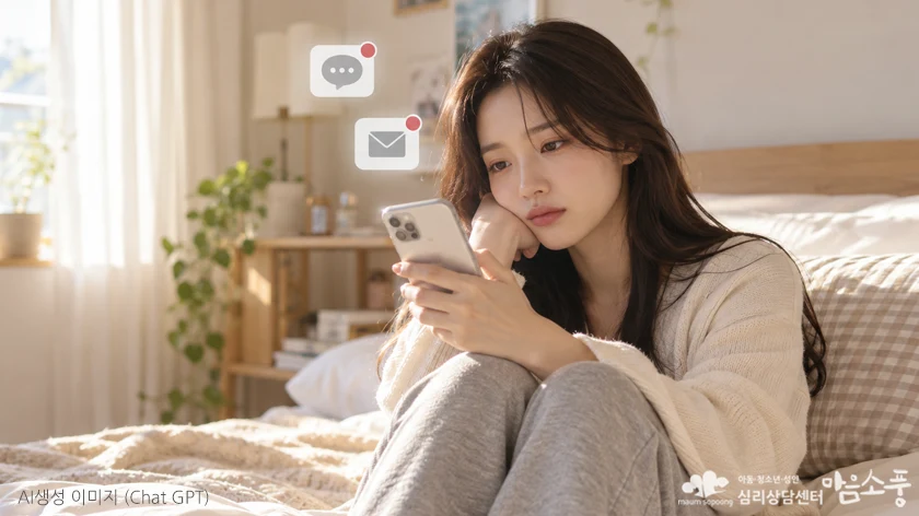 메시지 답장을 기다리며 스마트폰을 바라보는 여성