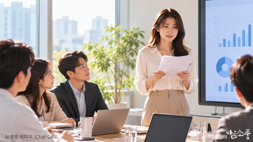 사람들 앞에서 긴장하며 얼굴이 붉어지고 손이 떨리는 모습