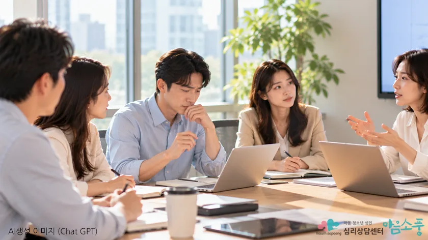 회의 중 자신의 의견을 표현하지 못하고 망설이는 모습